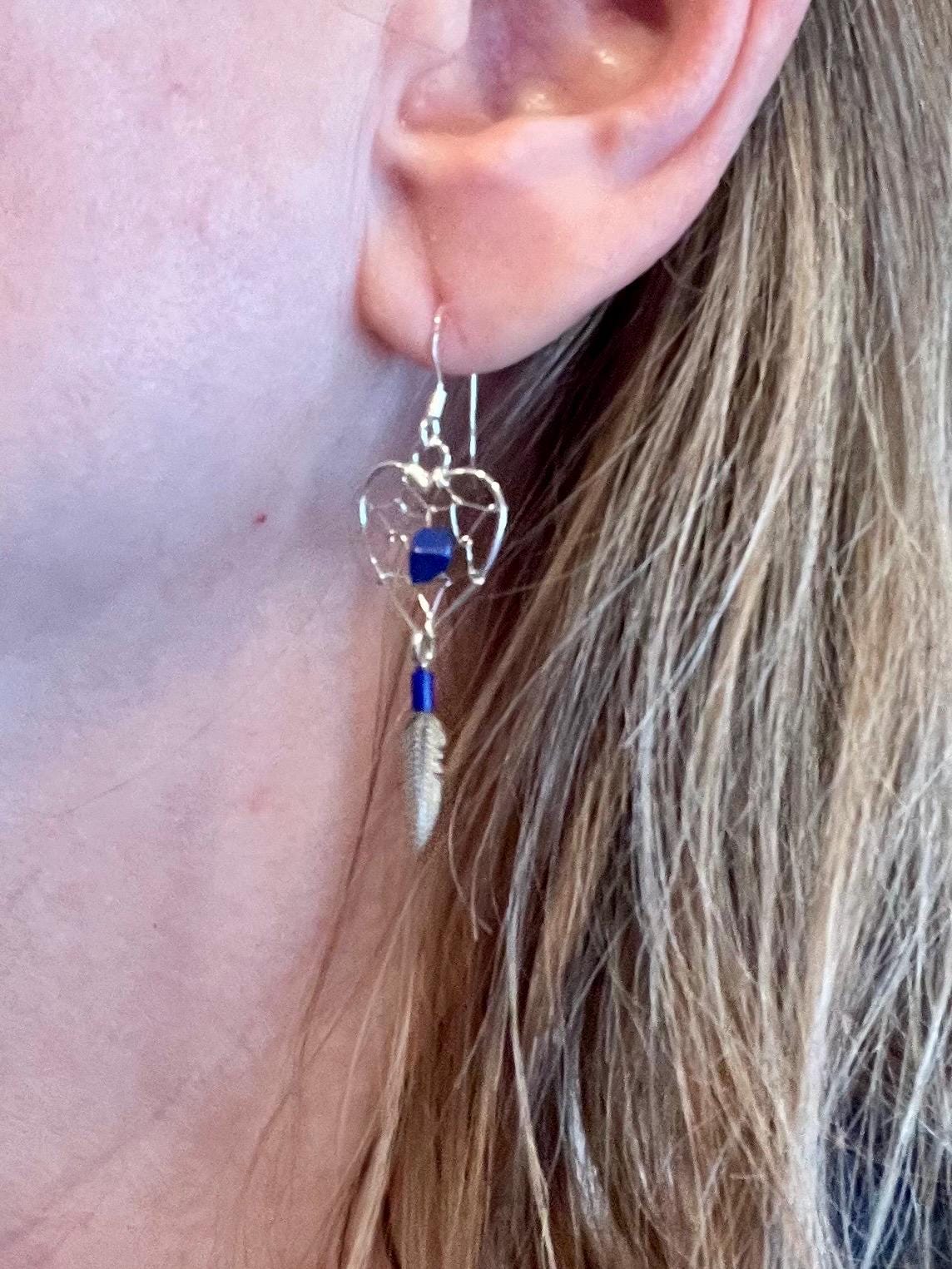 Dreamcatcher Heart Earrings Sterling Silver 925 Feather Southwest Santa Fe Style Sweetheart Girlfriend Gift for Her Lapis - Jade Bear Gems 