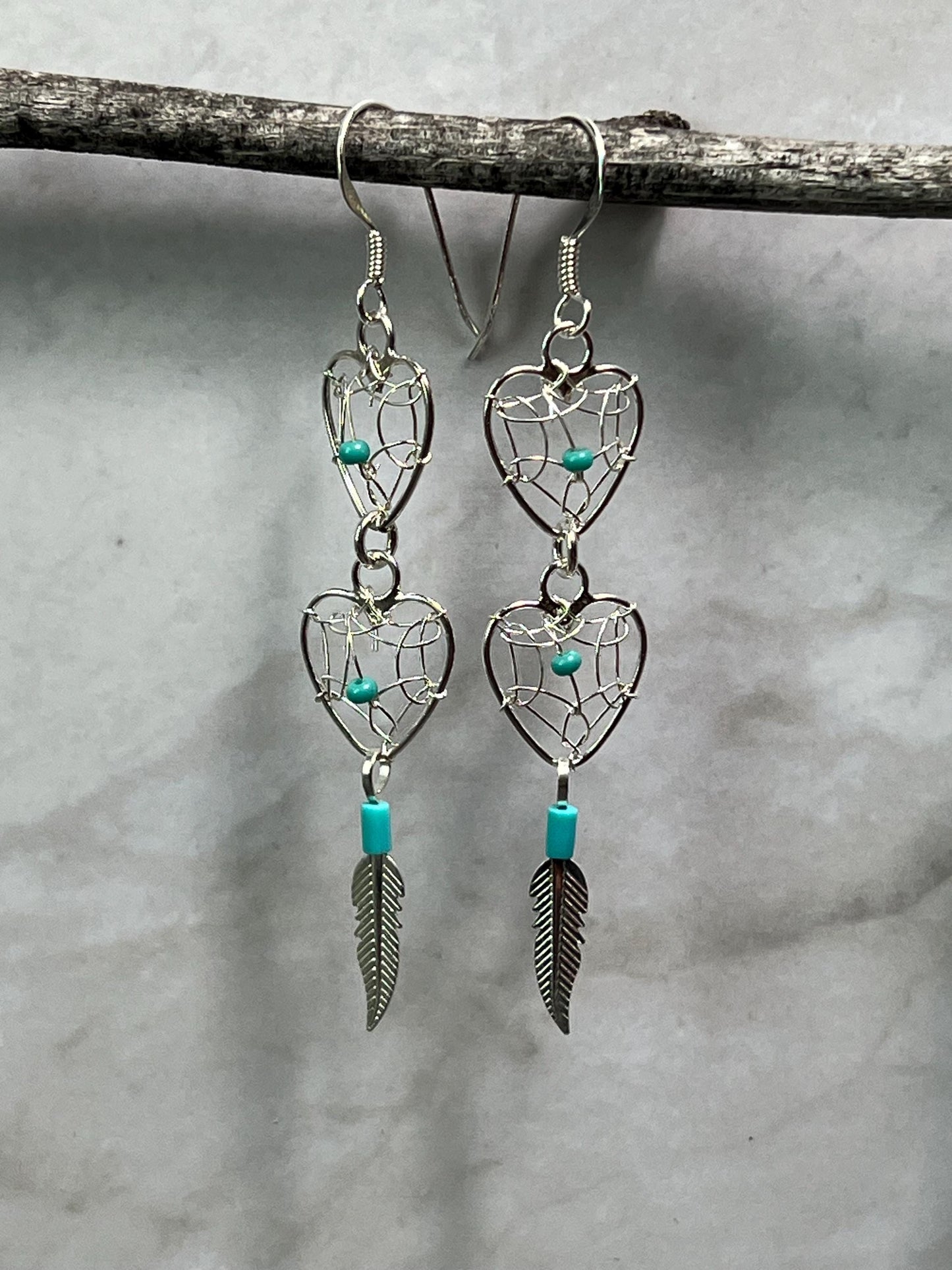 Dreamcatcher Turquoise Bead Heart Earrings Sterling Silver 925 Feather Accent Southwest Santa Fe Style - Jade Bear Gems 