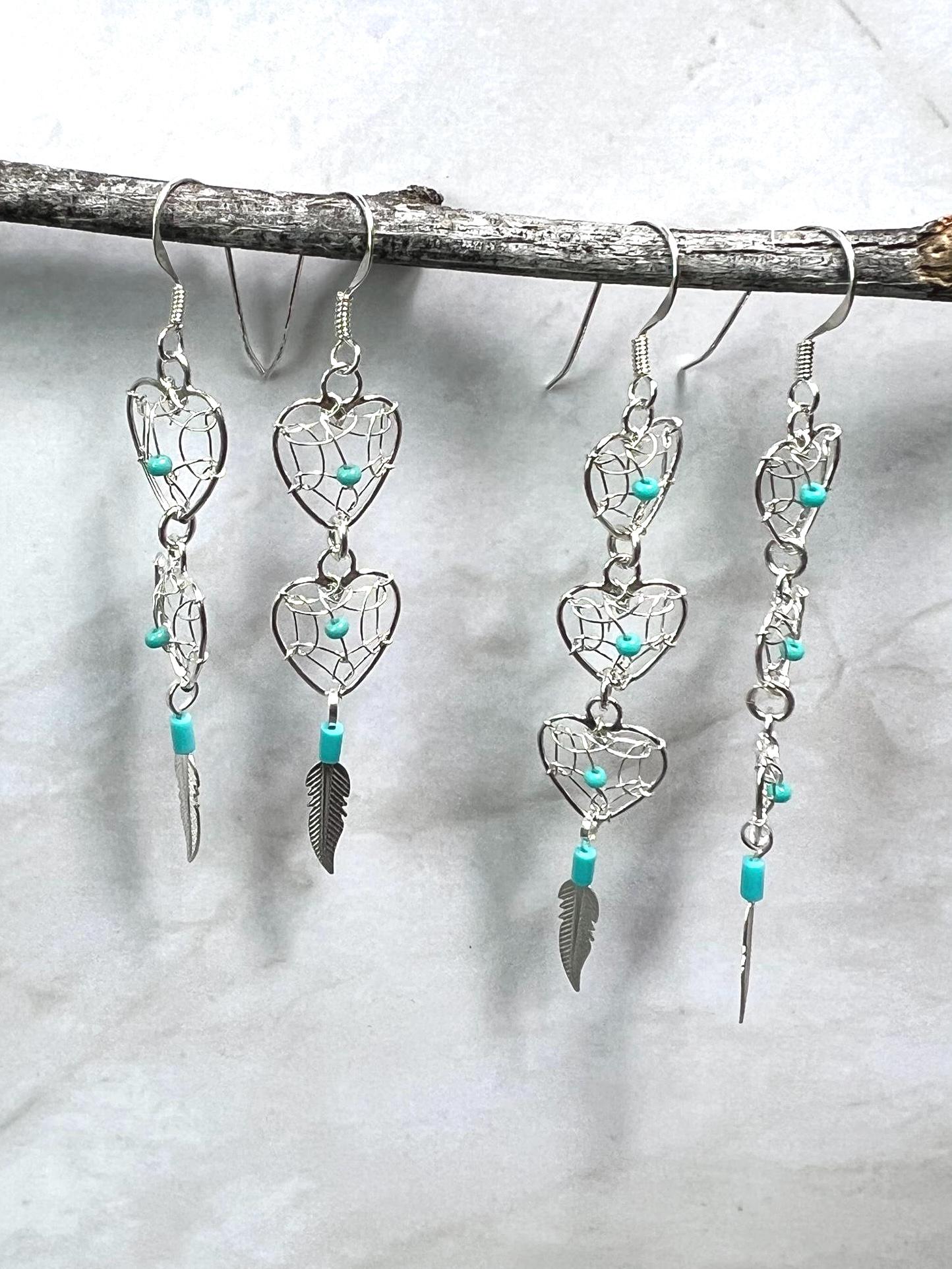 Dreamcatcher Turquoise Bead Heart Earrings Sterling Silver 925 Feather Accent Southwest Santa Fe Style - Jade Bear Gems 