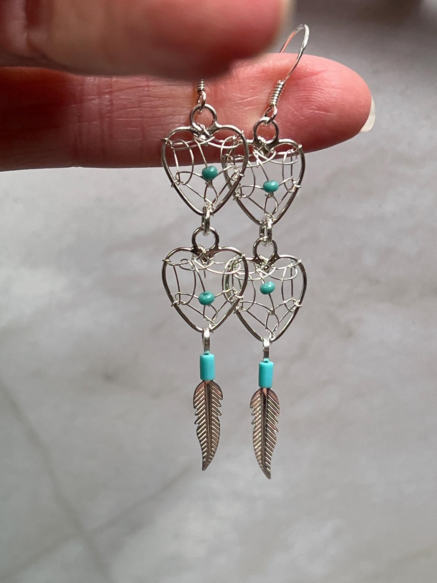 Dreamcatcher Turquoise Bead Heart Earrings Sterling Silver 925 Feather Accent Southwest Santa Fe Style - Jade Bear Gems 