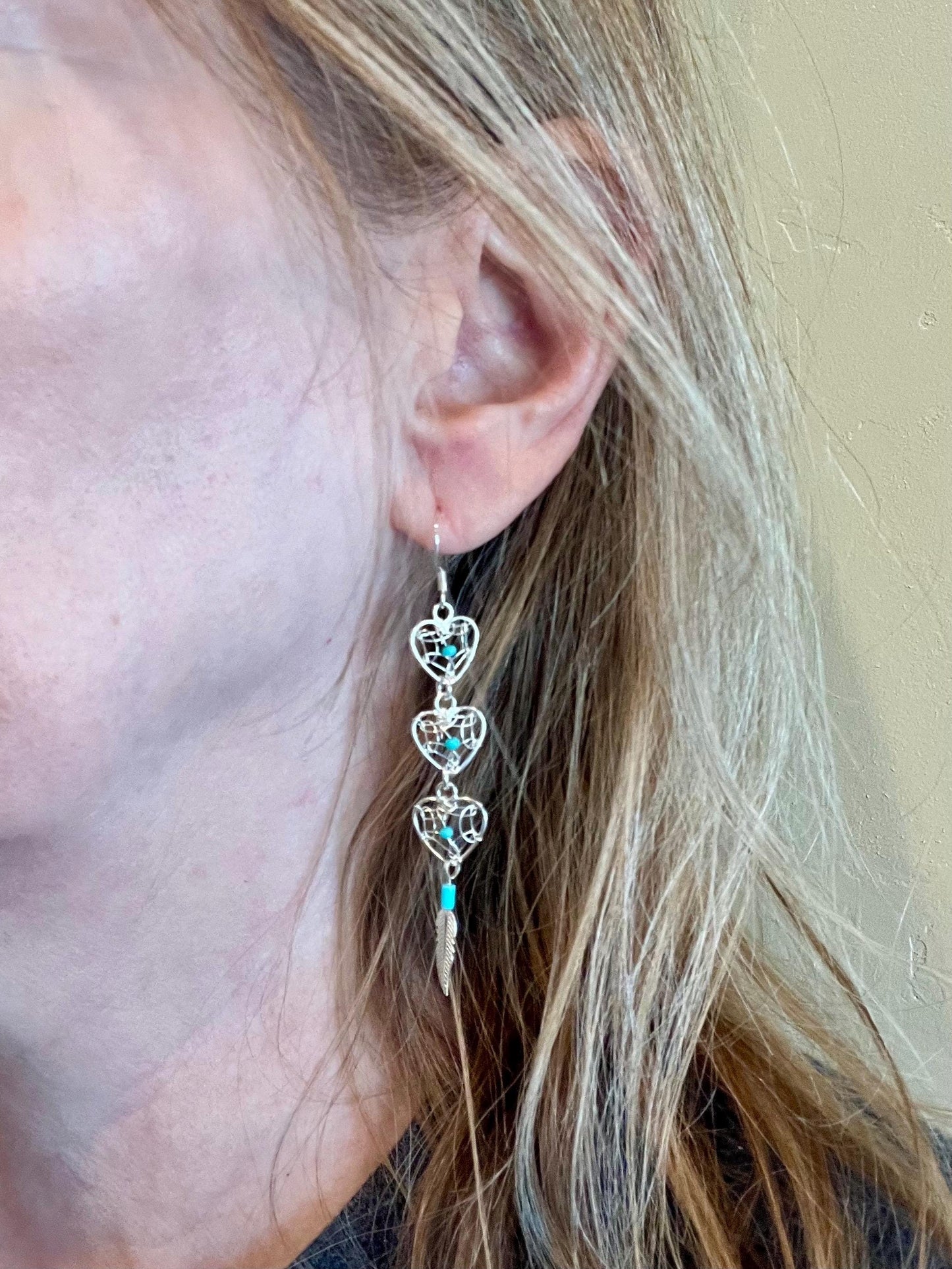 Dreamcatcher Turquoise Bead Heart Earrings Sterling Silver 925 Feather Accent Southwest Santa Fe Style - Jade Bear Gems 