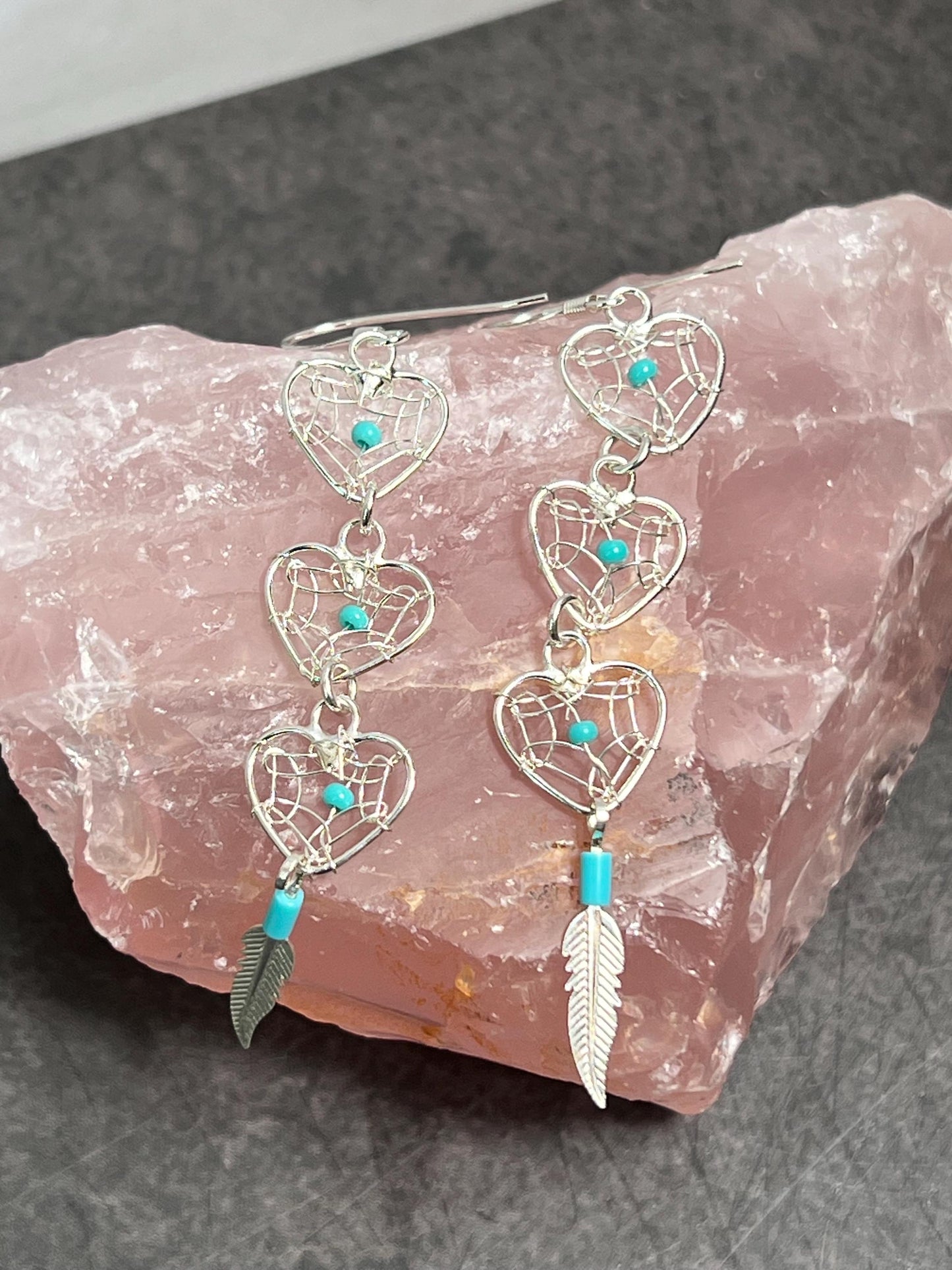 Dreamcatcher Turquoise Bead Heart Earrings Sterling Silver 925 Feather Accent Southwest Santa Fe Style - Jade Bear Gems 
