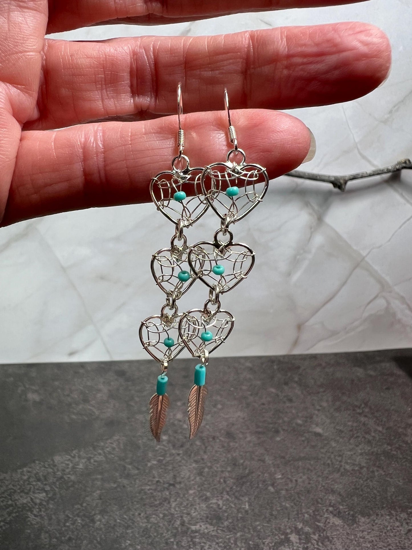 Dreamcatcher Turquoise Bead Heart Earrings Sterling Silver 925 Feather Accent Southwest Santa Fe Style - Jade Bear Gems 
