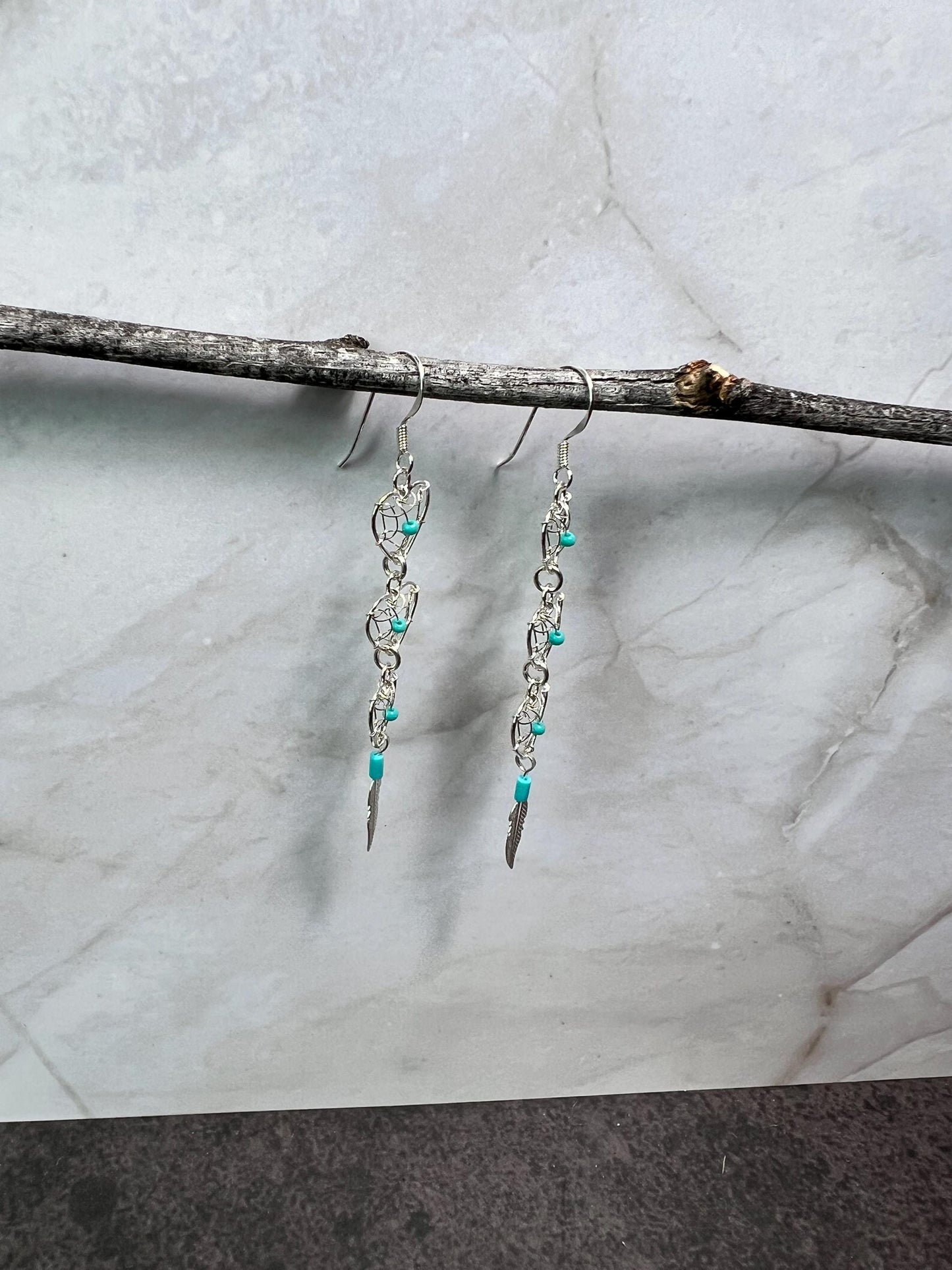 Dreamcatcher Turquoise Bead Heart Earrings Sterling Silver 925 Feather Accent Southwest Santa Fe Style - Jade Bear Gems 