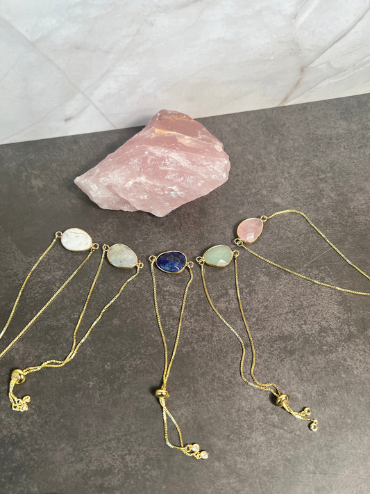 Gold Gemstone Bracelet, Adjustable Natural Gemstone Bracelet, Slider Bracelet, Layering Bracelet