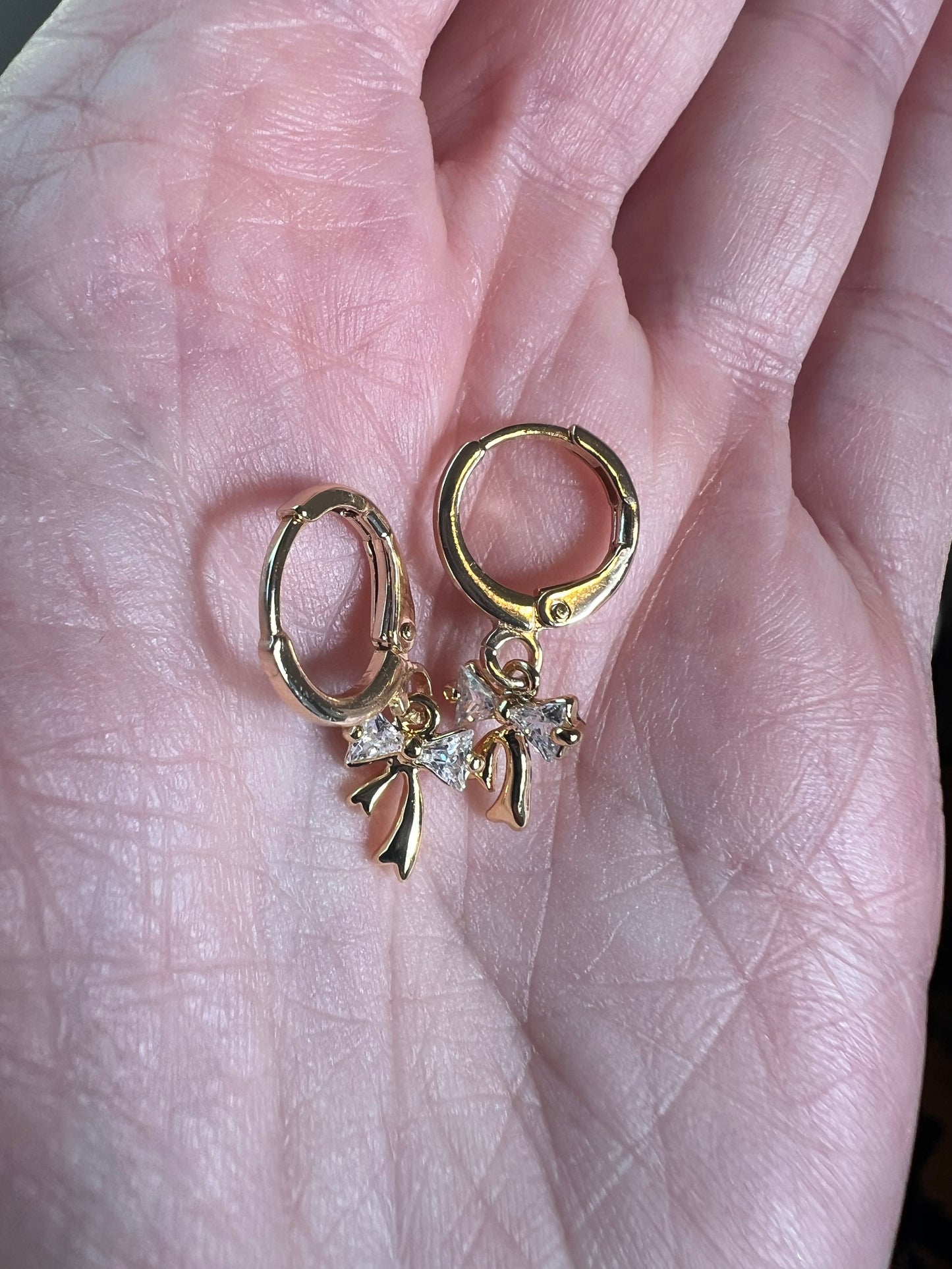 Gold Huggie Earrings with CZ Bow Charms, Dainty Coquette Jewelry, Ribbon Earrings