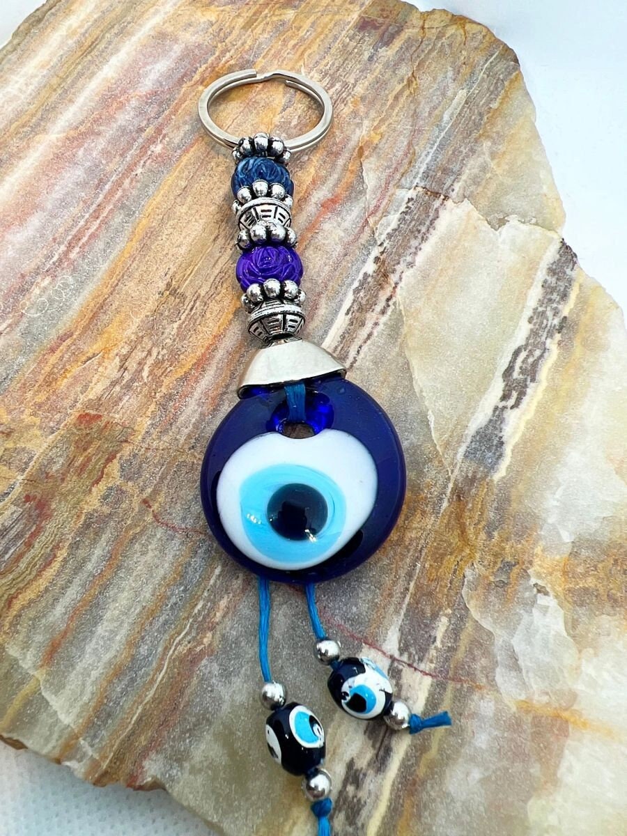 Evil eye keychain, bag charm, blue glass evil eye, good luck protection, amulet, purse charm, wall art - Jade Bear Gems 