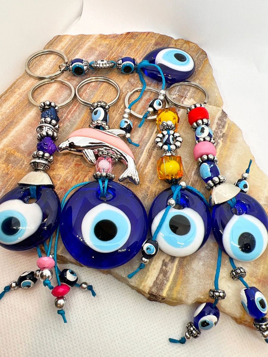 Evil eye keychain, bag charm, blue glass evil eye, good luck protection, amulet, purse charm, wall art - Jade Bear Gems 