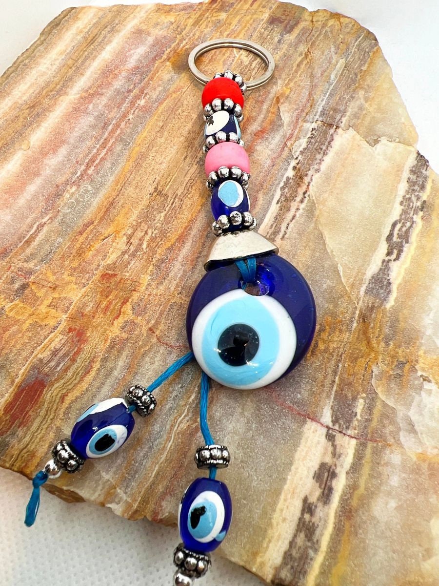 Evil eye keychain, bag charm, blue glass evil eye, good luck protection, amulet, purse charm, wall art - Jade Bear Gems 