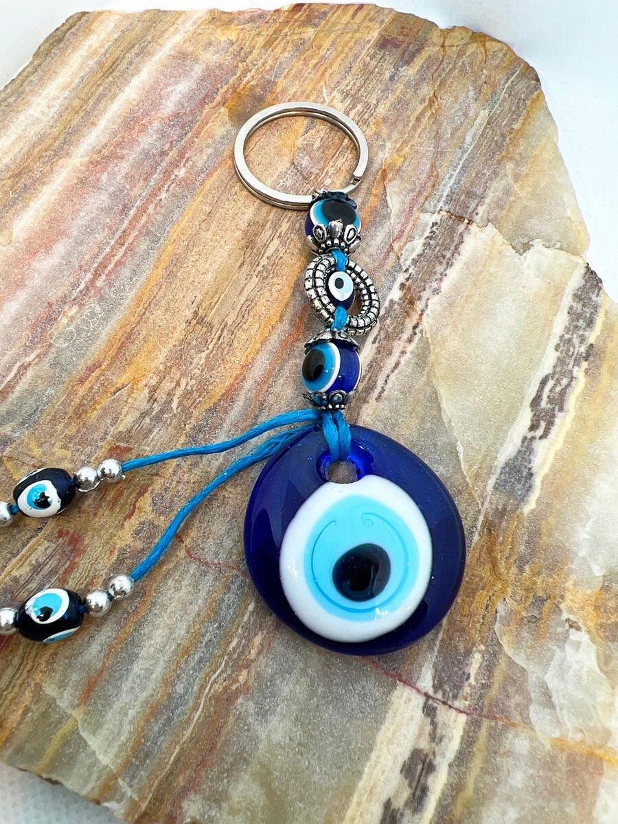 Evil eye keychain, bag charm, blue glass evil eye, good luck protection, amulet, purse charm, wall art - Jade Bear Gems 