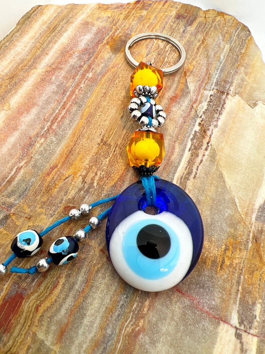 Evil eye keychain, bag charm, blue glass evil eye, good luck protection, amulet, purse charm, wall art - Jade Bear Gems 