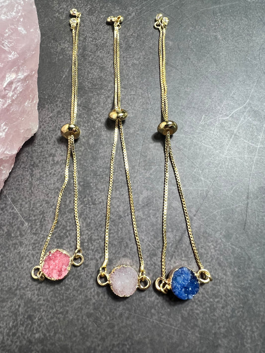 Dainty Minimalist Gold Plated Druzy Bracelet, Gold Slider Bracelet, Layering Bracelet, Adjustable Agate Bracelet