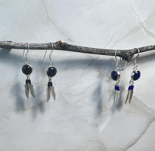 Feather Earrings, Native American Style Earrings, Silver Feather Earrings, Lapis Lazuli, Black Onyx - Jade Bear Gems 