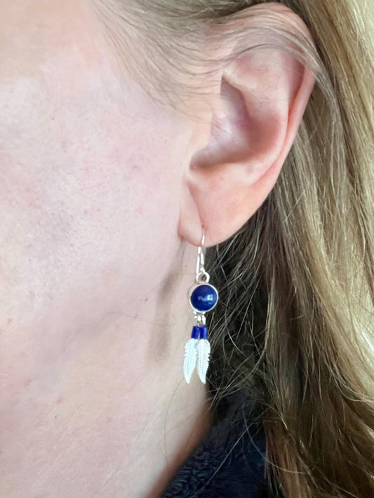Feather Earrings, Native American Style Earrings, Silver Feather Earrings, Lapis Lazuli, Black Onyx - Jade Bear Gems 