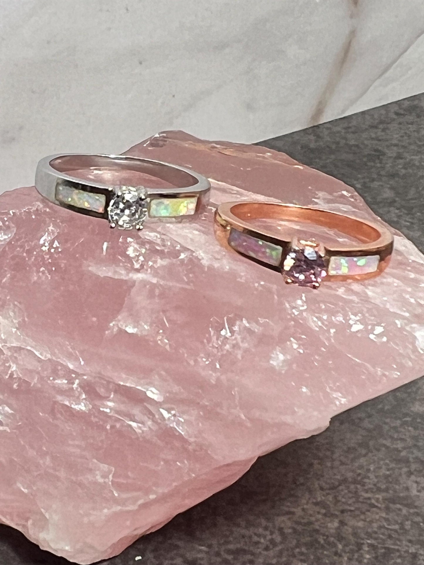 Fire Opal Inlay with Topaz Solitaire Ring, Promise Ring - Jade Bear Gems 