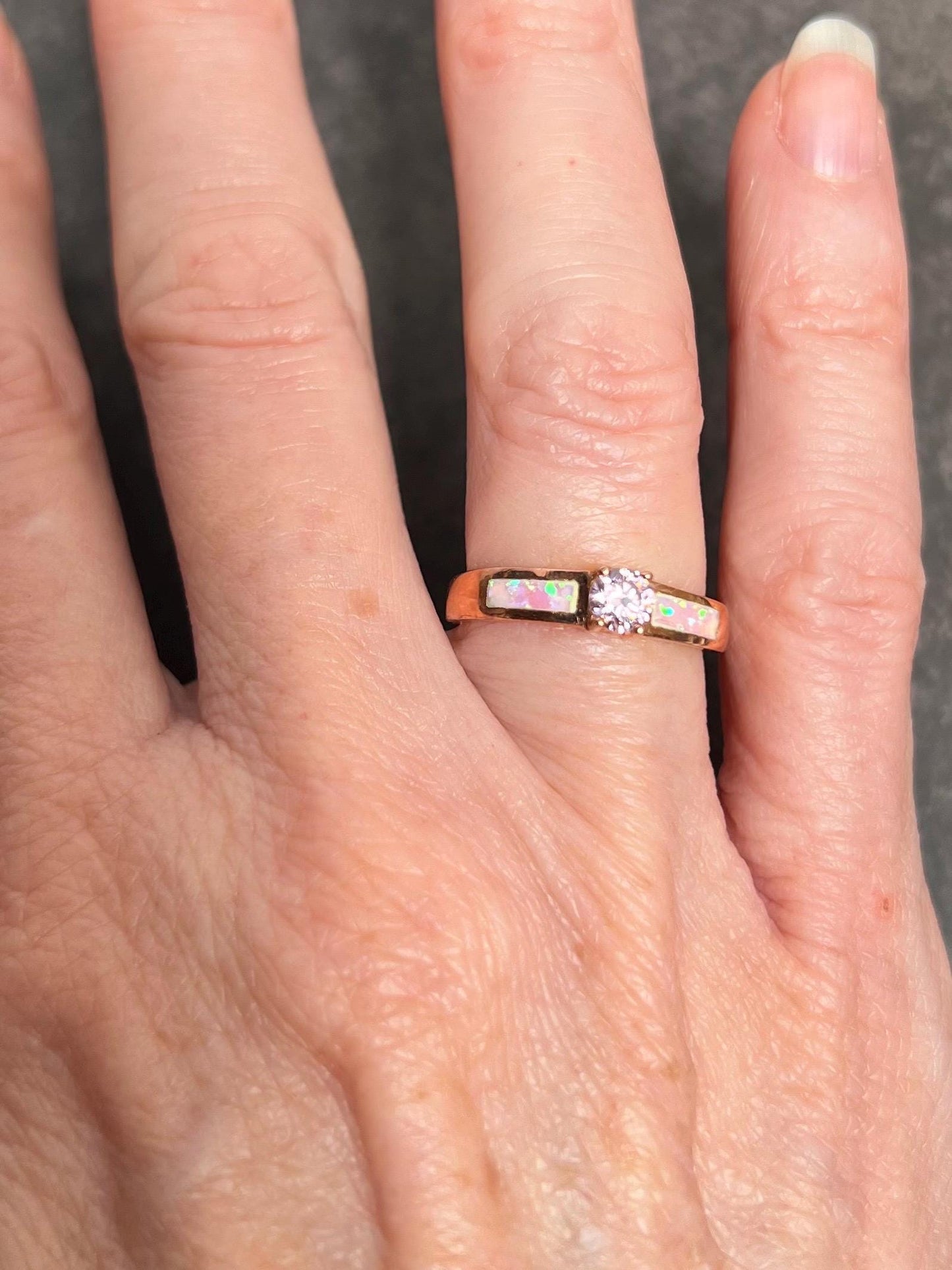 Fire Opal Inlay with Topaz Solitaire Ring, Promise Ring - Jade Bear Gems 