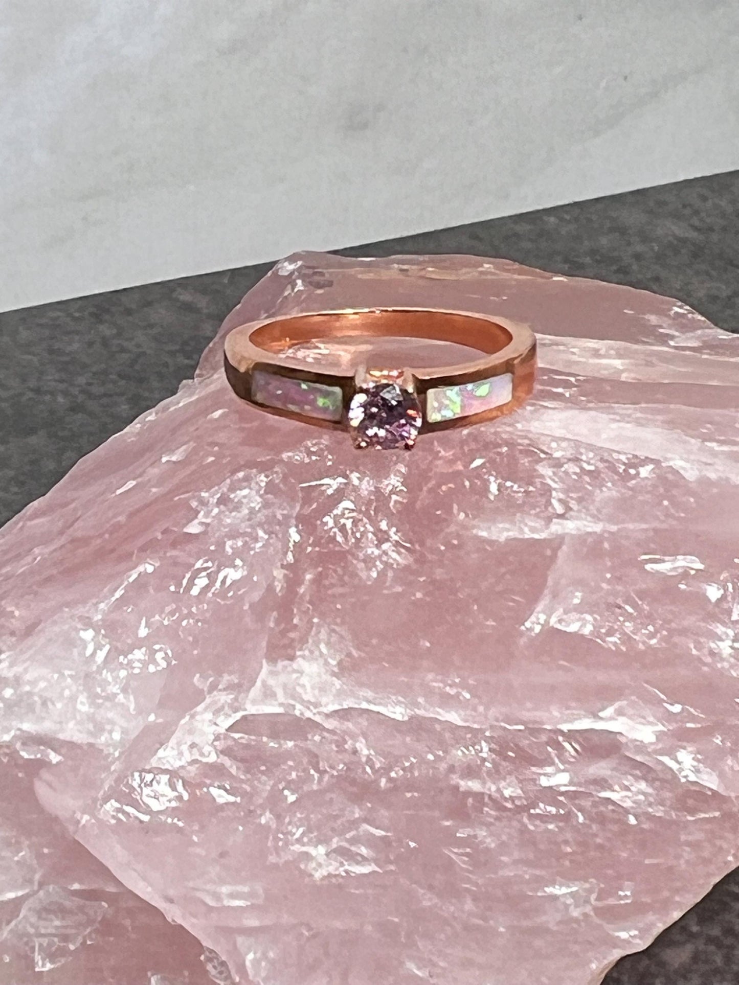 Fire Opal Inlay with Topaz Solitaire Ring, Promise Ring - Jade Bear Gems 