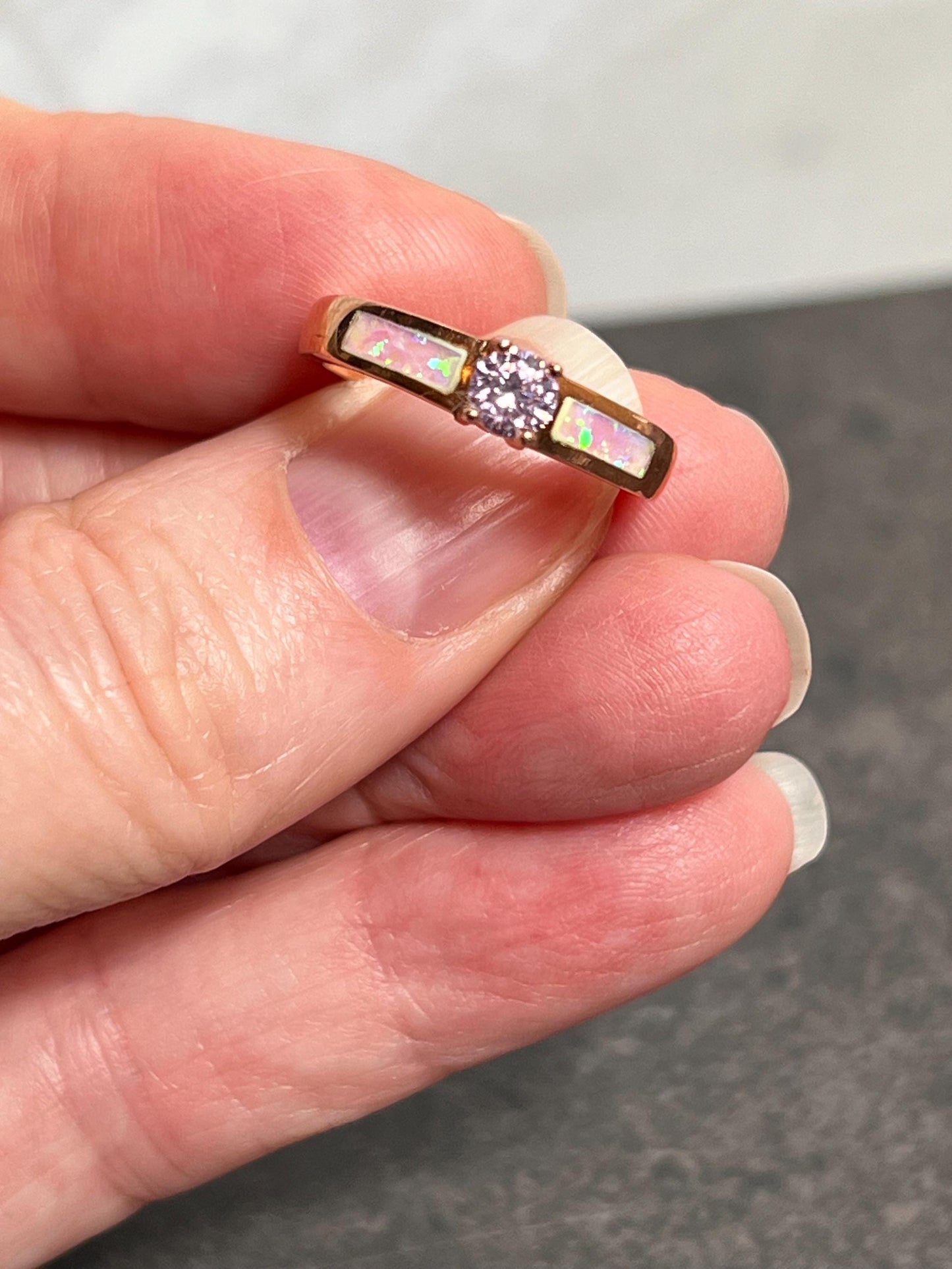 Fire Opal Inlay with Topaz Solitaire Ring, Promise Ring - Jade Bear Gems 