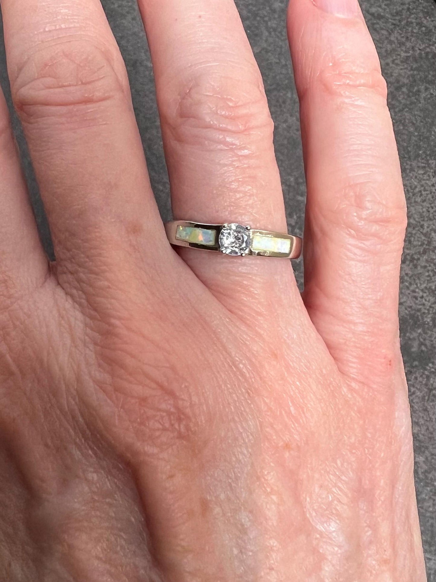 Fire Opal Inlay with Topaz Solitaire Ring, Promise Ring - Jade Bear Gems 