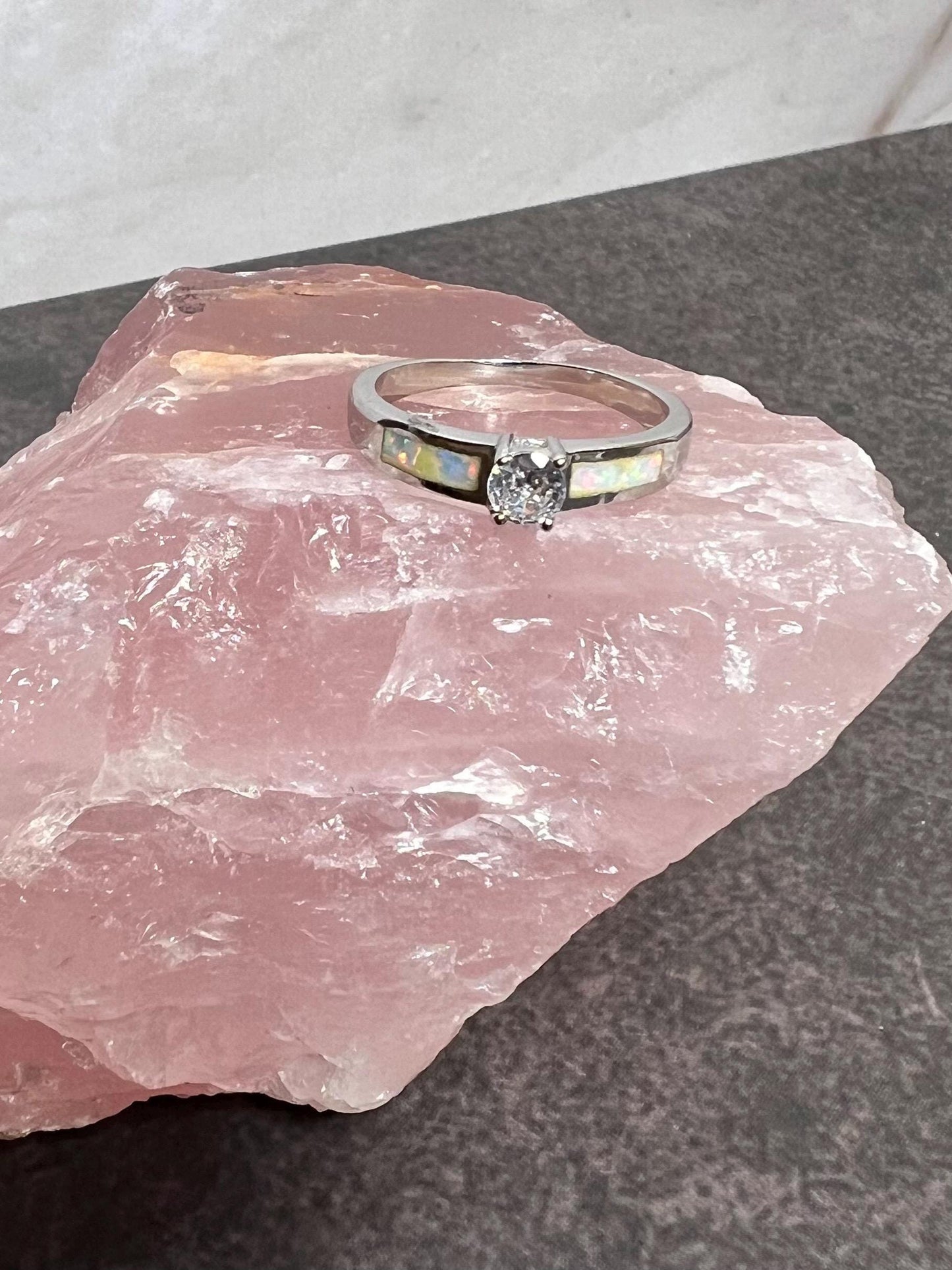 Fire Opal Inlay with Topaz Solitaire Ring, Promise Ring - Jade Bear Gems 