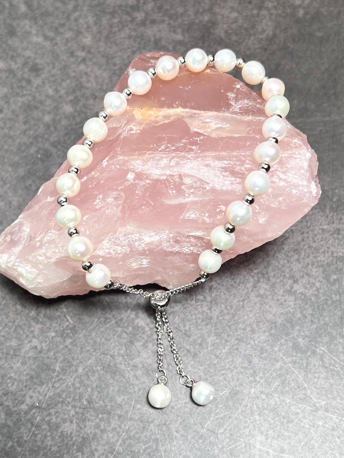 Freshwater Pearl Sterling Silver Slider Bracelet - Jade Bear Gems 