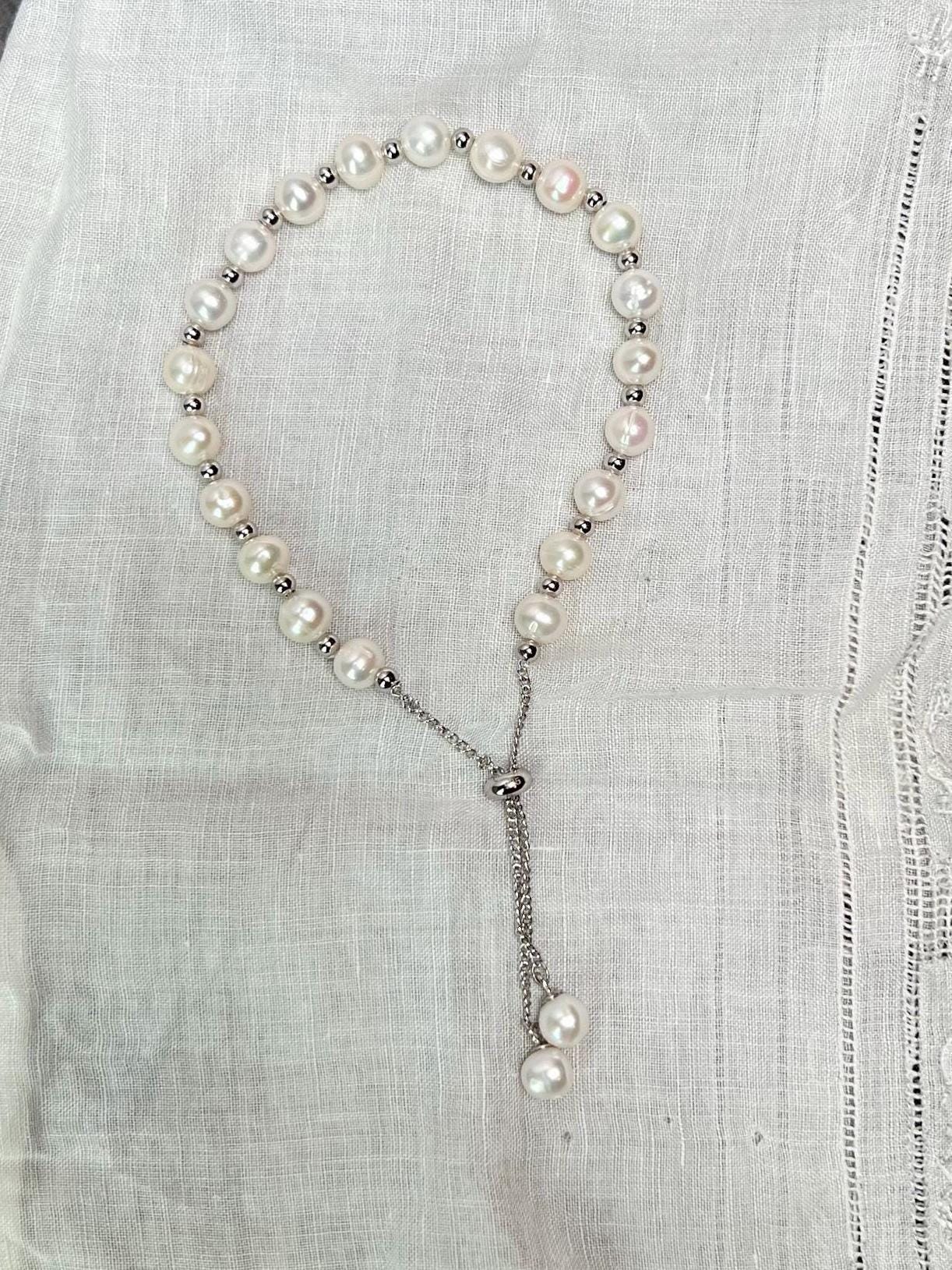 Freshwater Pearl Sterling Silver Slider Bracelet - Jade Bear Gems 