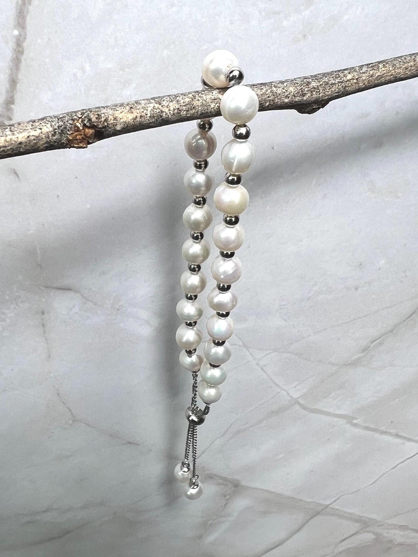 Freshwater Pearl Sterling Silver Slider Bracelet - Jade Bear Gems 
