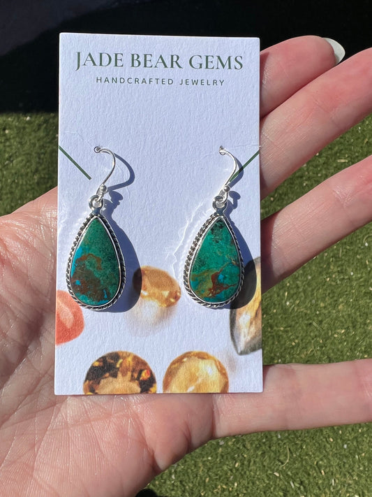 Genuine Malachite Chrysocolla Dangle Earrings | Sterling Silver .925 | Handmade Southwestern Style - Jade Bear Gems 