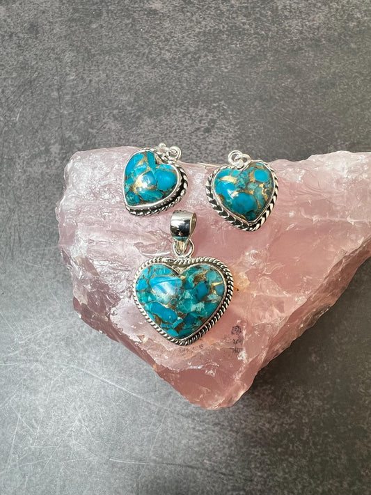 Genuine Turquoise Jewelry Set, Silver Heart Pendant Earrings, Southwestern Jewelry - Jade Bear Gems 