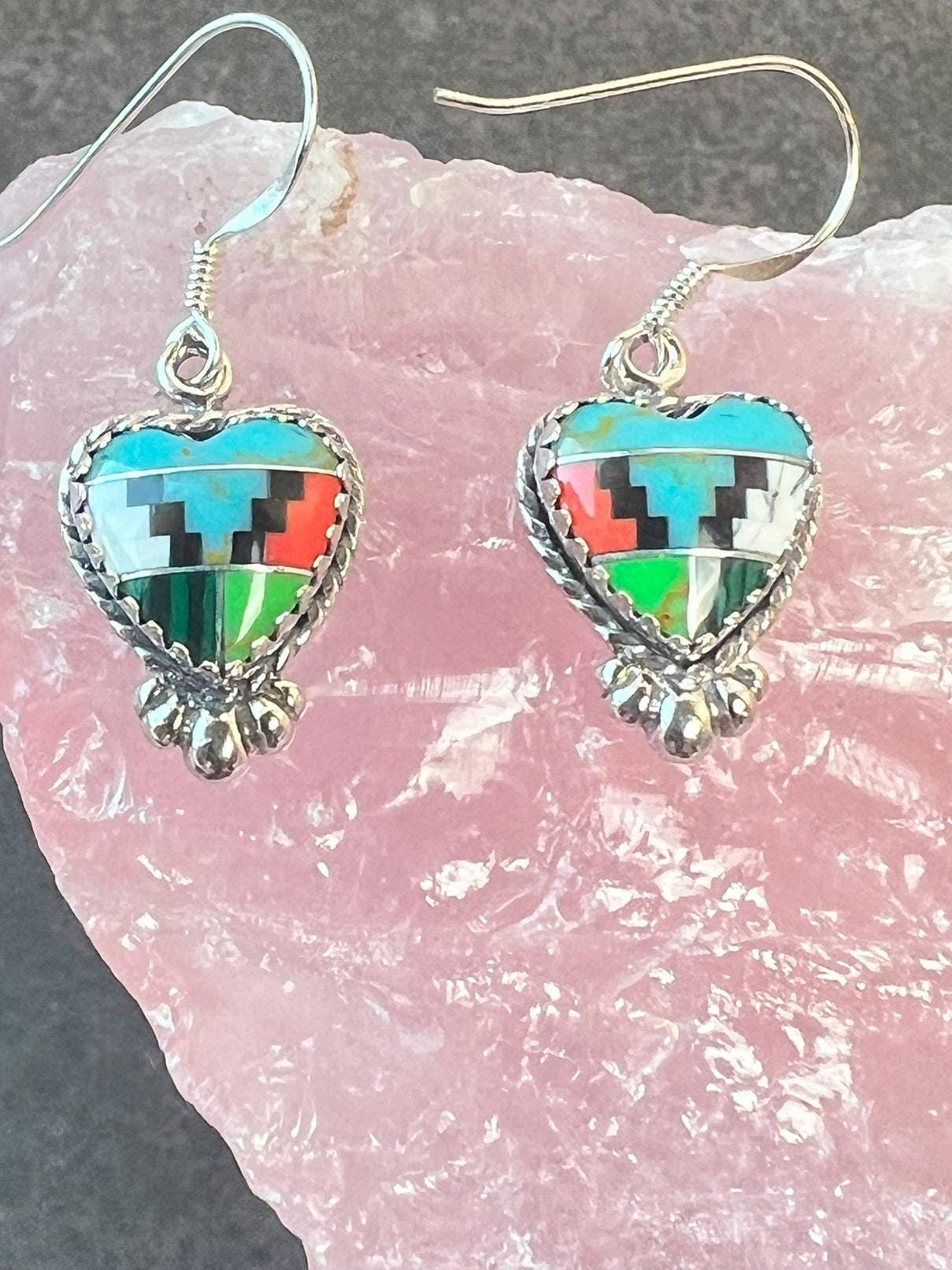 Handcrafted Inlay Heart Earrings on Wires, Southwest Inlay Multicolor Heart Shape, Sterling Silver, Dainty Earrings - Jade Bear Gems 
