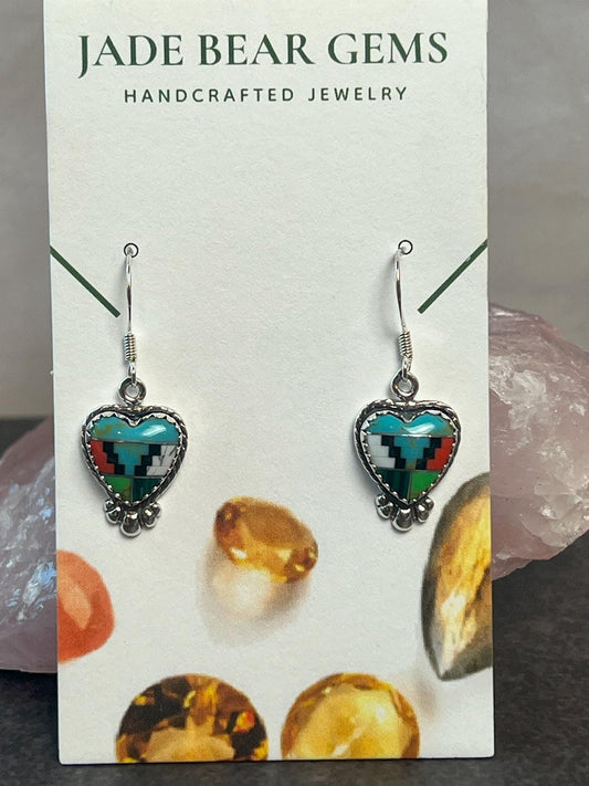 Handcrafted Inlay Heart Earrings on Wires, Southwest Inlay Multicolor Heart Shape, Sterling Silver, Dainty Earrings - Jade Bear Gems 