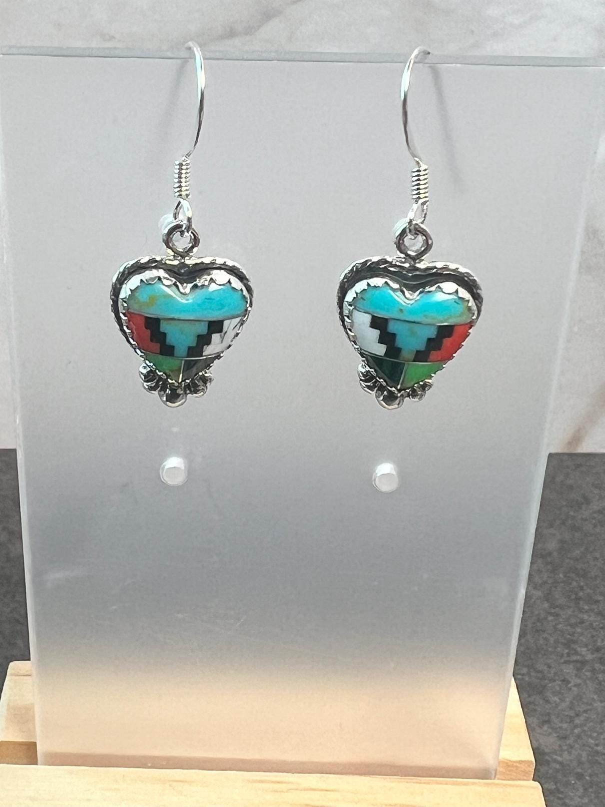 Handcrafted Inlay Heart Earrings on Wires, Southwest Inlay Multicolor Heart Shape, Sterling Silver, Dainty Earrings - Jade Bear Gems 