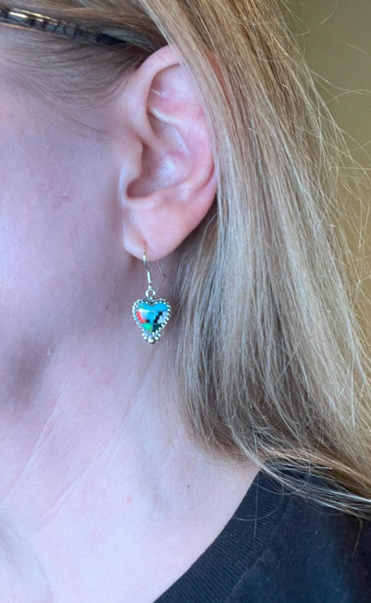 Handcrafted Inlay Heart Earrings on Wires, Southwest Inlay Multicolor Heart Shape, Sterling Silver, Dainty Earrings - Jade Bear Gems 