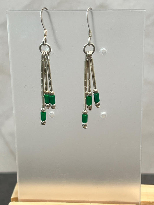 Handcrafted Sterling Silver and Malachite bead dangle earrings, malachite beads, Silver Dangle Earrings - Jade Bear Gems 