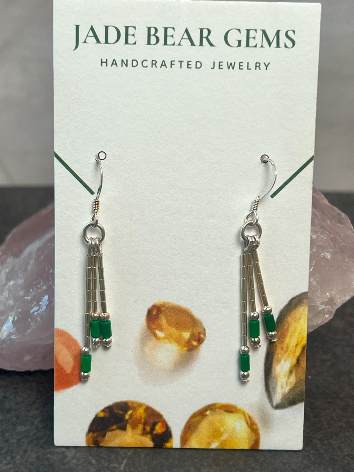 Handcrafted Sterling Silver and Malachite bead dangle earrings, malachite beads, Silver Dangle Earrings - Jade Bear Gems 