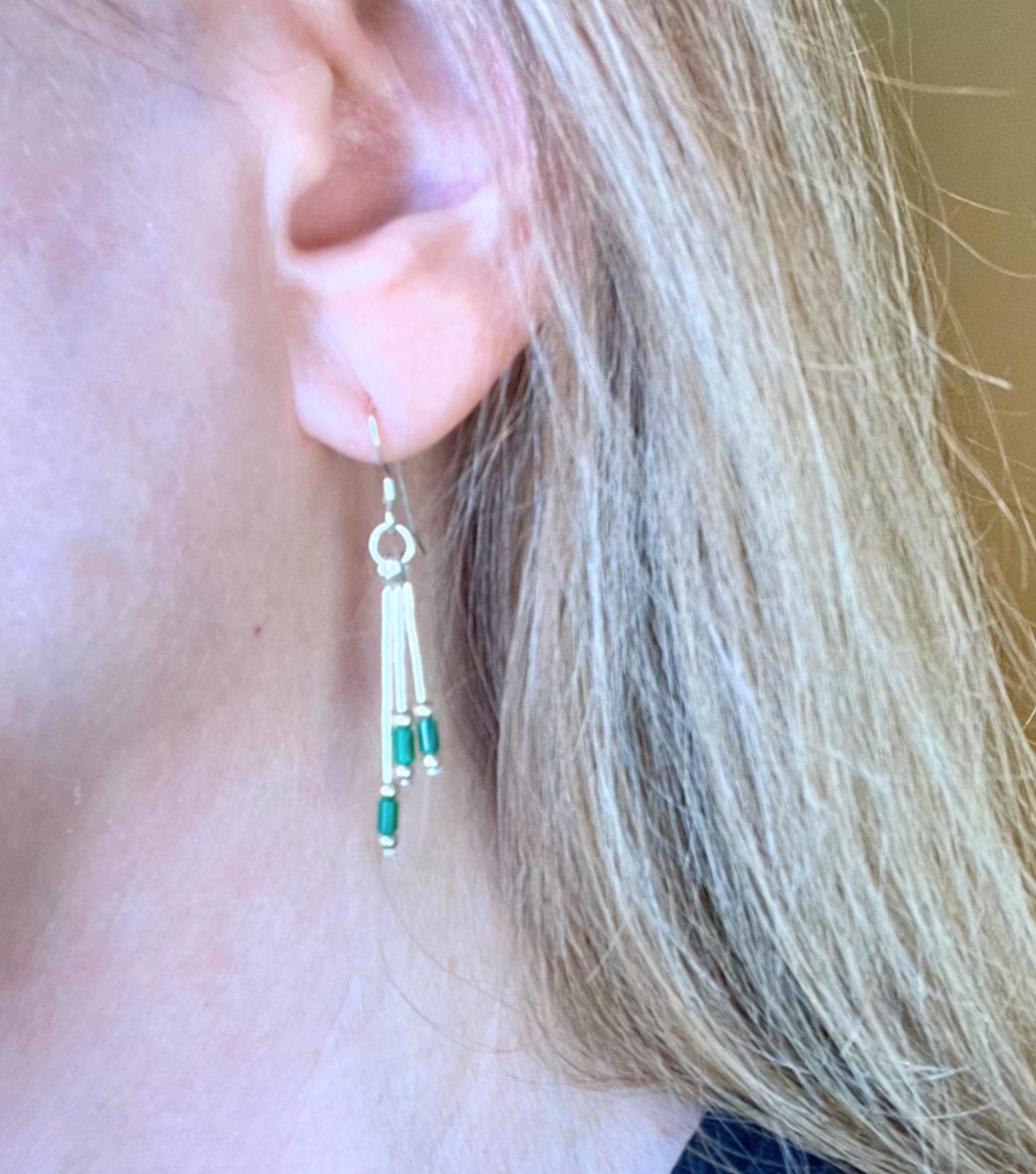 Handcrafted Sterling Silver and Malachite bead dangle earrings, malachite beads, Silver Dangle Earrings - Jade Bear Gems 