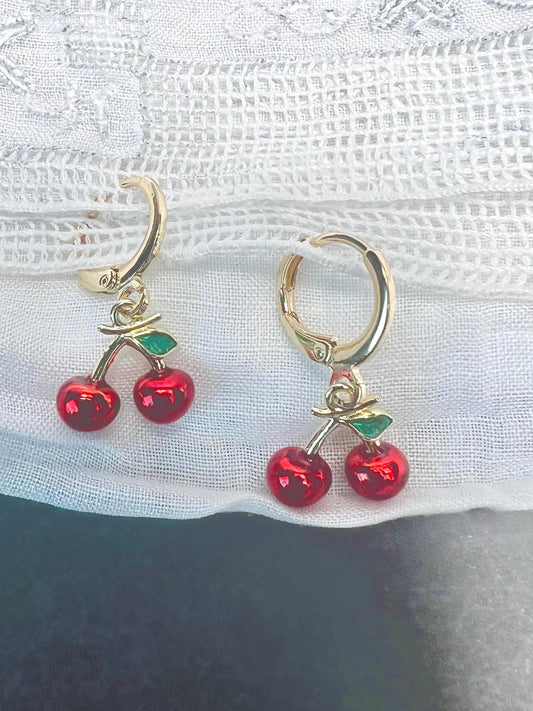 Handmade Dainty Gold Cherry Charm Huggie Earrings, Cute Fruit Earrings, Summer Fun Earrings - Jade Bear Gems 