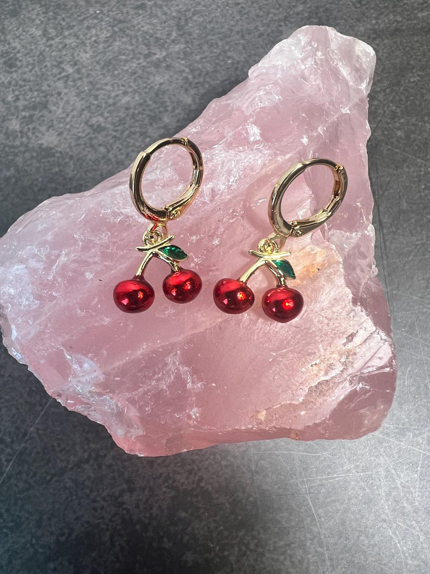 Handmade Dainty Gold Cherry Charm Huggie Earrings, Cute Fruit Earrings, Summer Fun Earrings - Jade Bear Gems 
