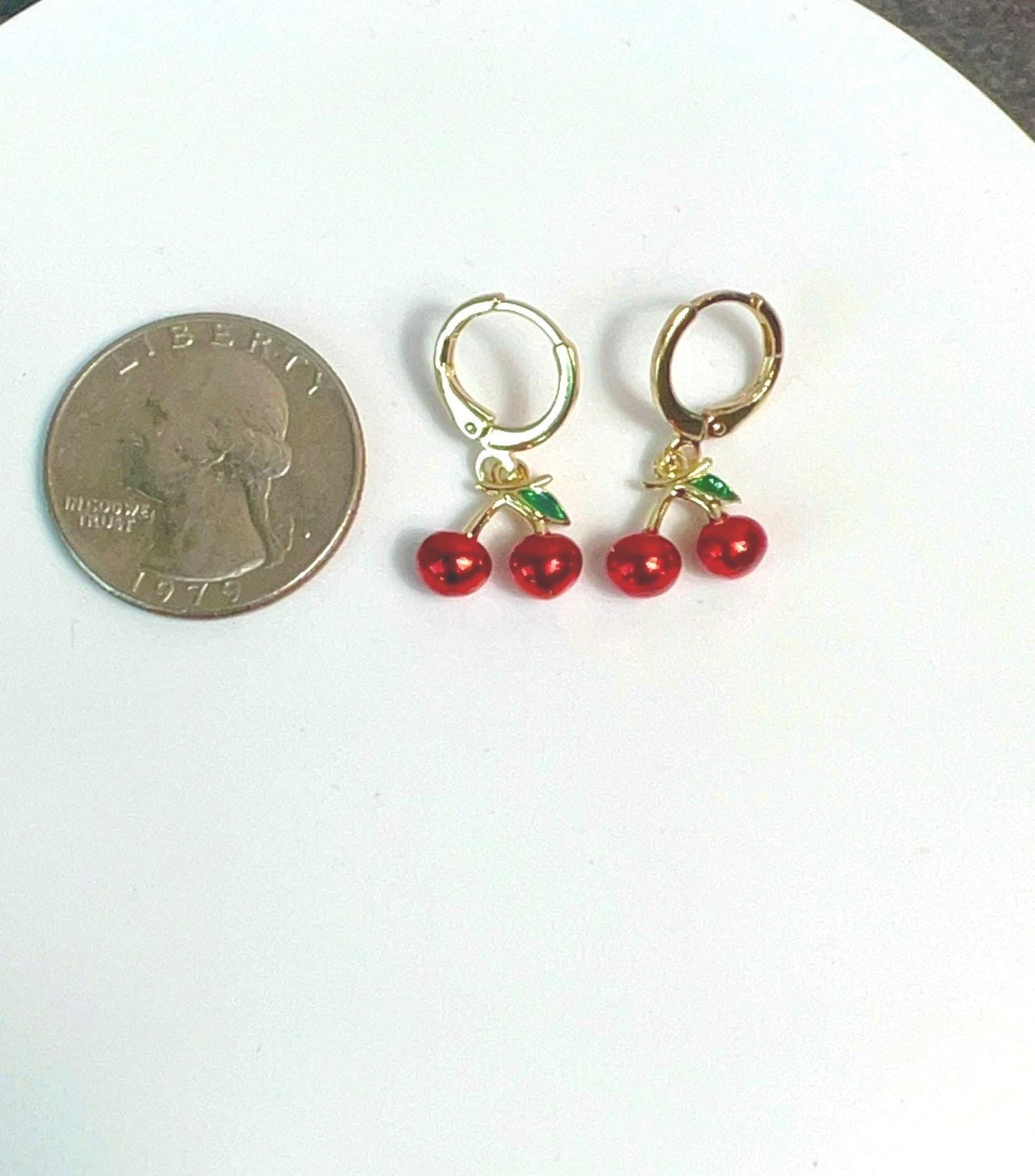 Handmade Dainty Gold Cherry Charm Huggie Earrings, Cute Fruit Earrings, Summer Fun Earrings - Jade Bear Gems 