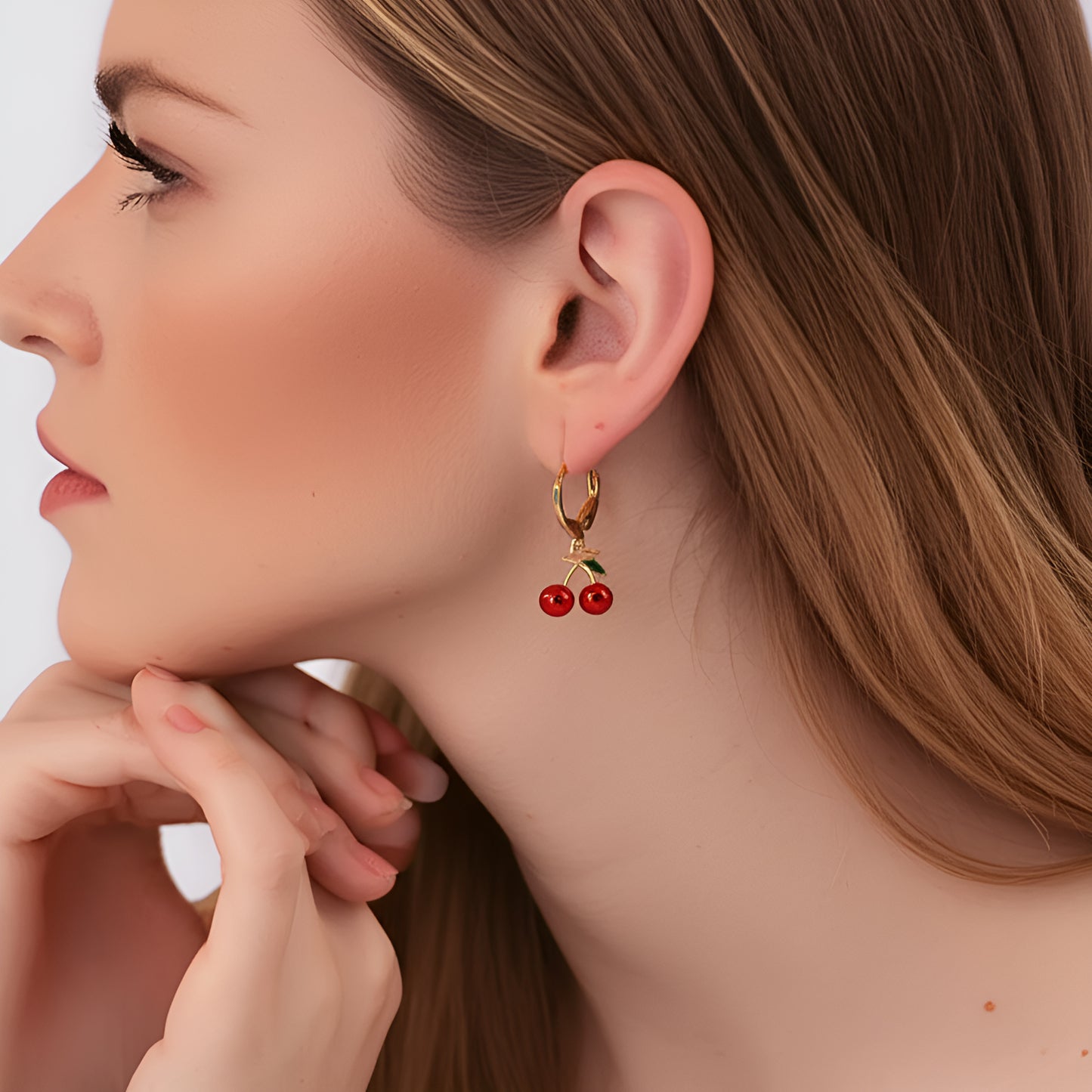 Handmade Dainty Gold Cherry Charm Huggie Earrings, Cute Fruit Earrings, Summer Fun Earrings - Jade Bear Gems 