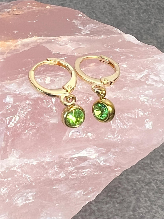 Handmade Huggie Earrings, Dainty Gold Birthstone Earrings, Gemstone Hoops - Jade Bear Gems 