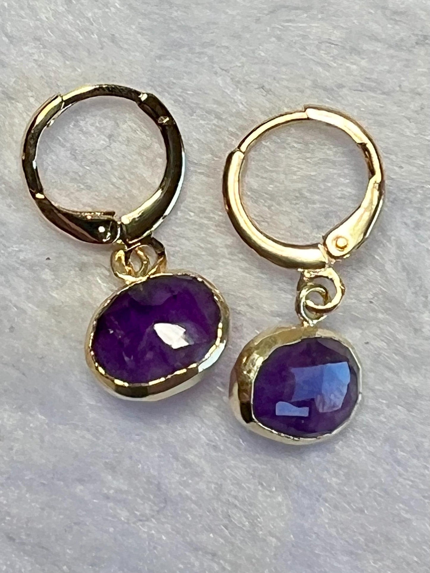 Handmade Huggies, Gold Huggie Hoops with Gemstone Charms, Leverback Earrings - Jade Bear Gems 