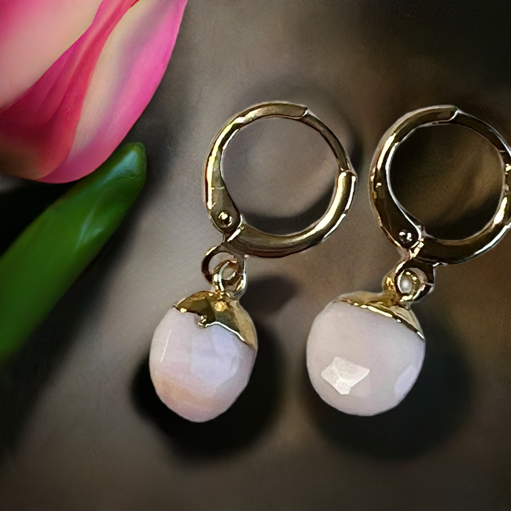 Handmade Huggies, Gold Huggie Hoops with Gemstone Charms, Leverback Earrings - Jade Bear Gems 
