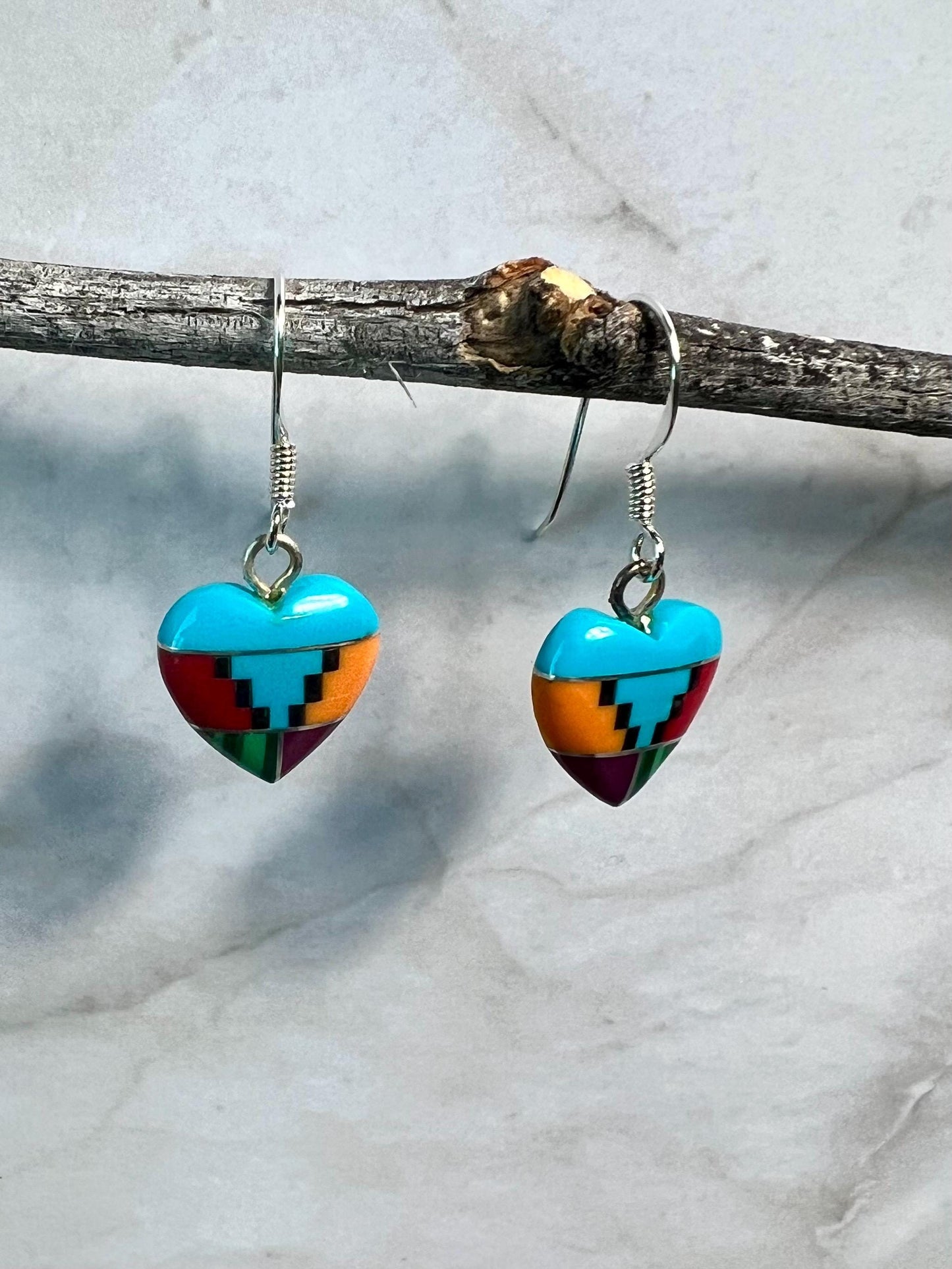 Heart Earrings, Multi color inlay Heart Earring, Sterling Silver Heart, Navajo jewelry, Semi precious stone Heart earrings - Jade Bear Gems 