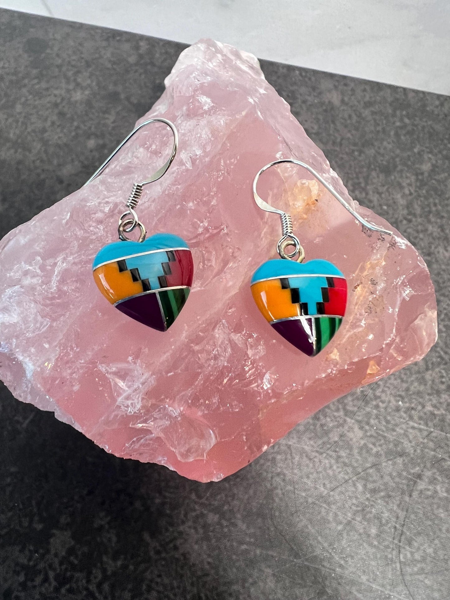 Heart Earrings, Multi color inlay Heart Earring, Sterling Silver Heart, Navajo jewelry, Semi precious stone Heart earrings - Jade Bear Gems 