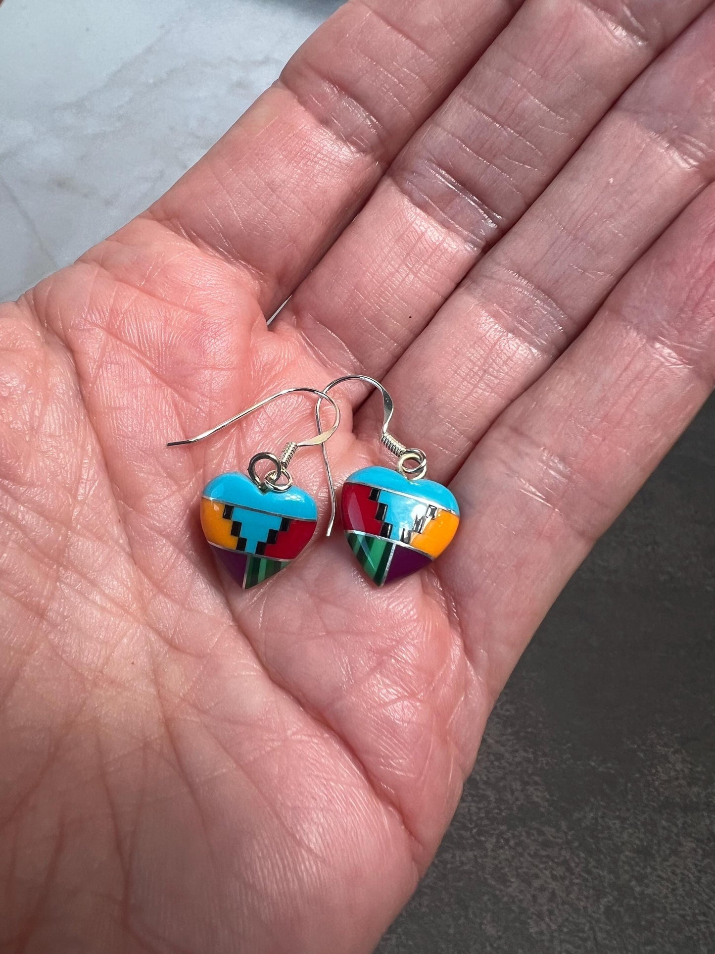 Heart Earrings, Multi color inlay Heart Earring, Sterling Silver Heart, Navajo jewelry, Semi precious stone Heart earrings - Jade Bear Gems 