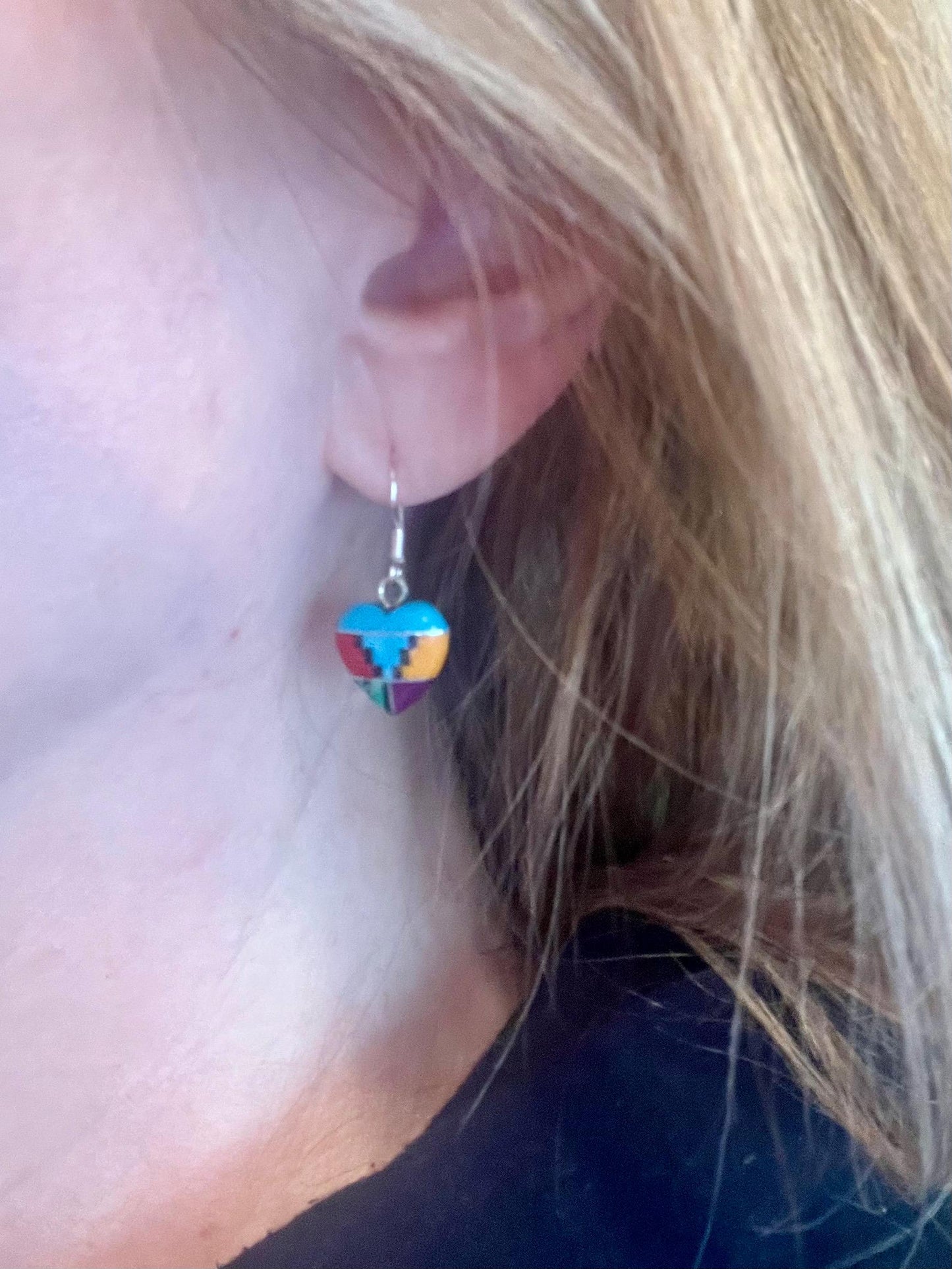 Heart Earrings, Multi color inlay Heart Earring, Sterling Silver Heart, Navajo jewelry, Semi precious stone Heart earrings - Jade Bear Gems 