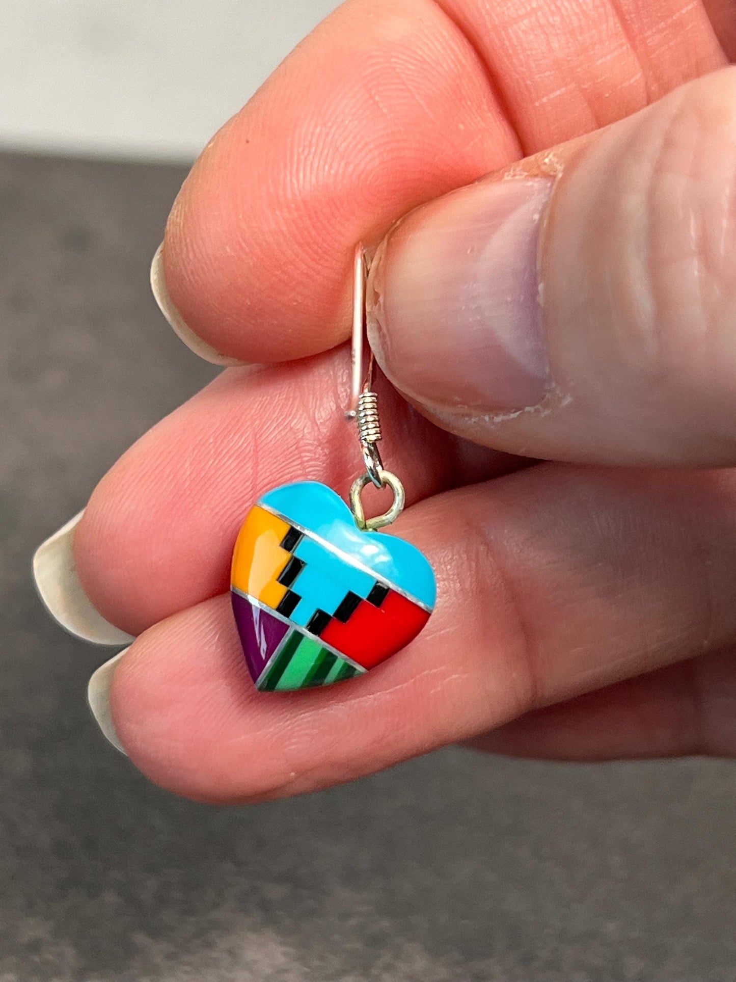 Heart Earrings, Multi color inlay Heart Earring, Sterling Silver Heart, Navajo jewelry, Semi precious stone Heart earrings - Jade Bear Gems 