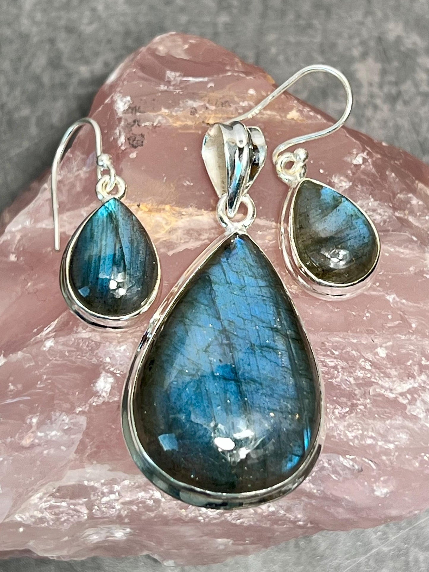 Labradorite Sterling Silver 925 Necklace and Earring Jewelry Set - Jade Bear Gems 