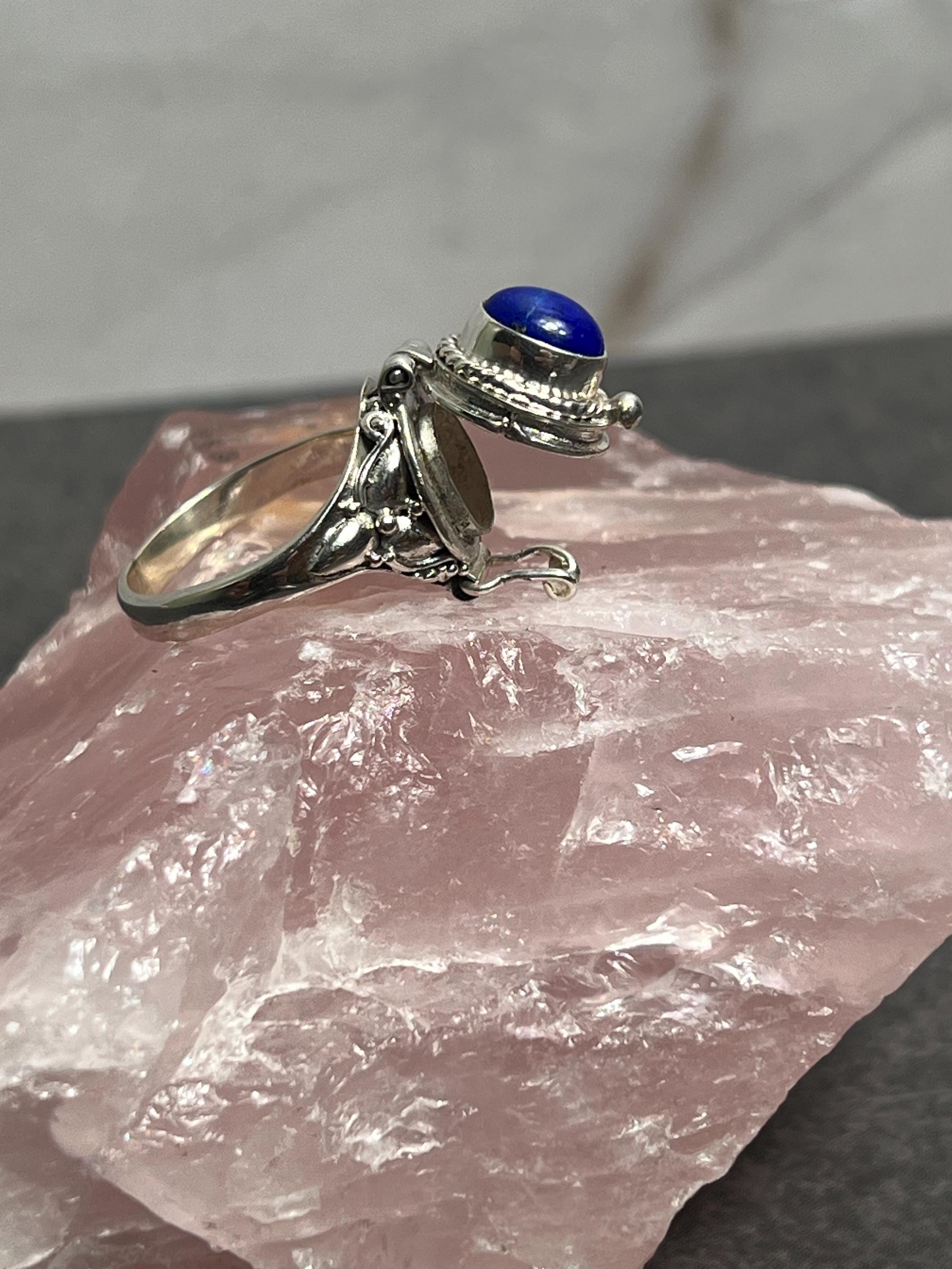 Lapis Lazuli Poison Ring Vintage 925 Silver Secret Box Ring